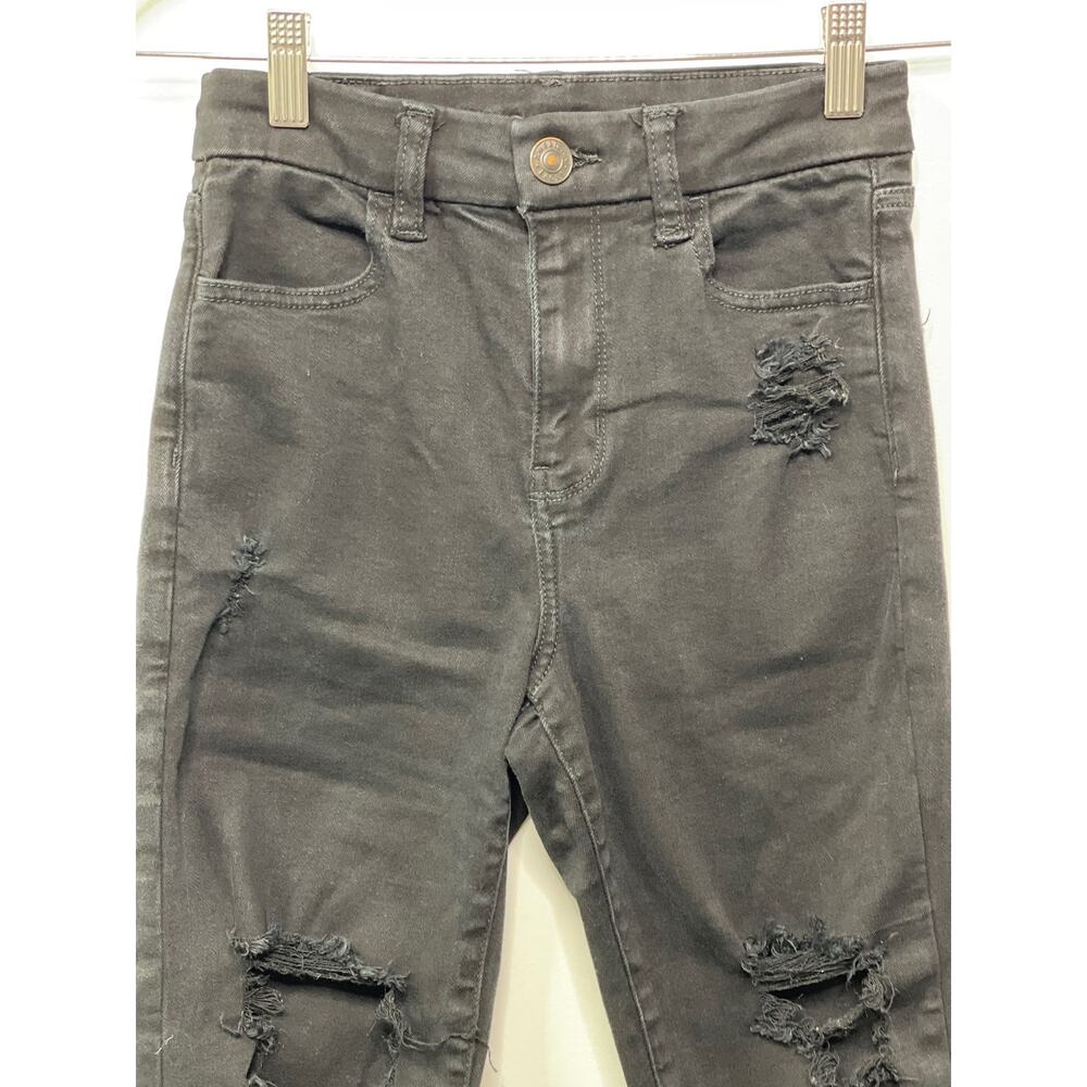American Eagle Curvy High Rise Distressed Denim Jegging Jeans Black Punk Goth 0 - Picture 2 of 10